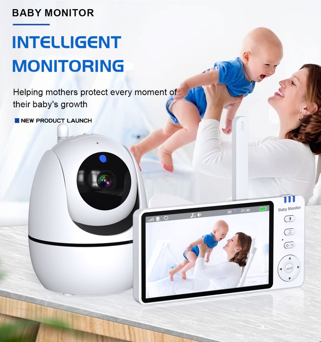 Monitor de Vídeo para Bebé ABM501 Pantalla LCD 5.0 Pulgadas Audio Bidireccional 2.4G Inalámbrico Visión Nocturna