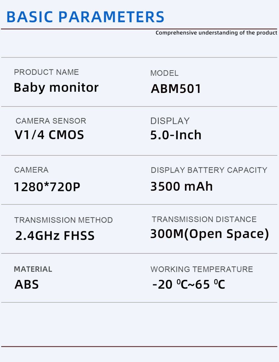 Monitor de Vídeo para Bebé ABM501 Pantalla LCD 5.0 Pulgadas Audio Bidireccional 2.4G Inalámbrico Visión Nocturna