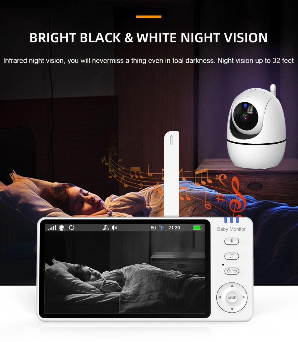 Monitor de Vídeo para Bebé ABM501 Pantalla LCD 5.0 Pulgadas Audio Bidireccional 2.4G Inalámbrico Visión Nocturna