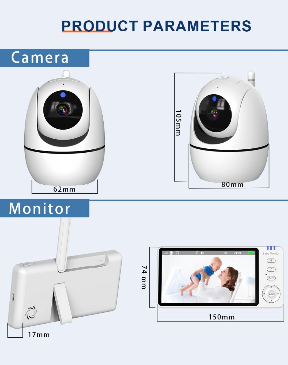 Monitor de Vídeo para Bebé ABM501 Pantalla LCD 5.0 Pulgadas Audio Bidireccional 2.4G Inalámbrico Visión Nocturna