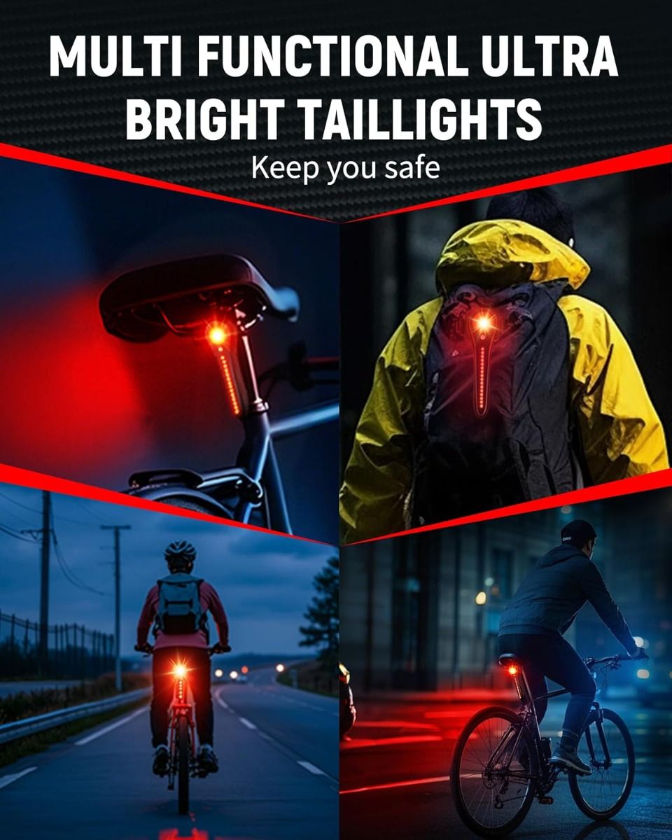 Luz Trasera Bicicleta Inteligente USB-C Recargable. Súper Brillante para Ciclismo de Montaña y Carretera.