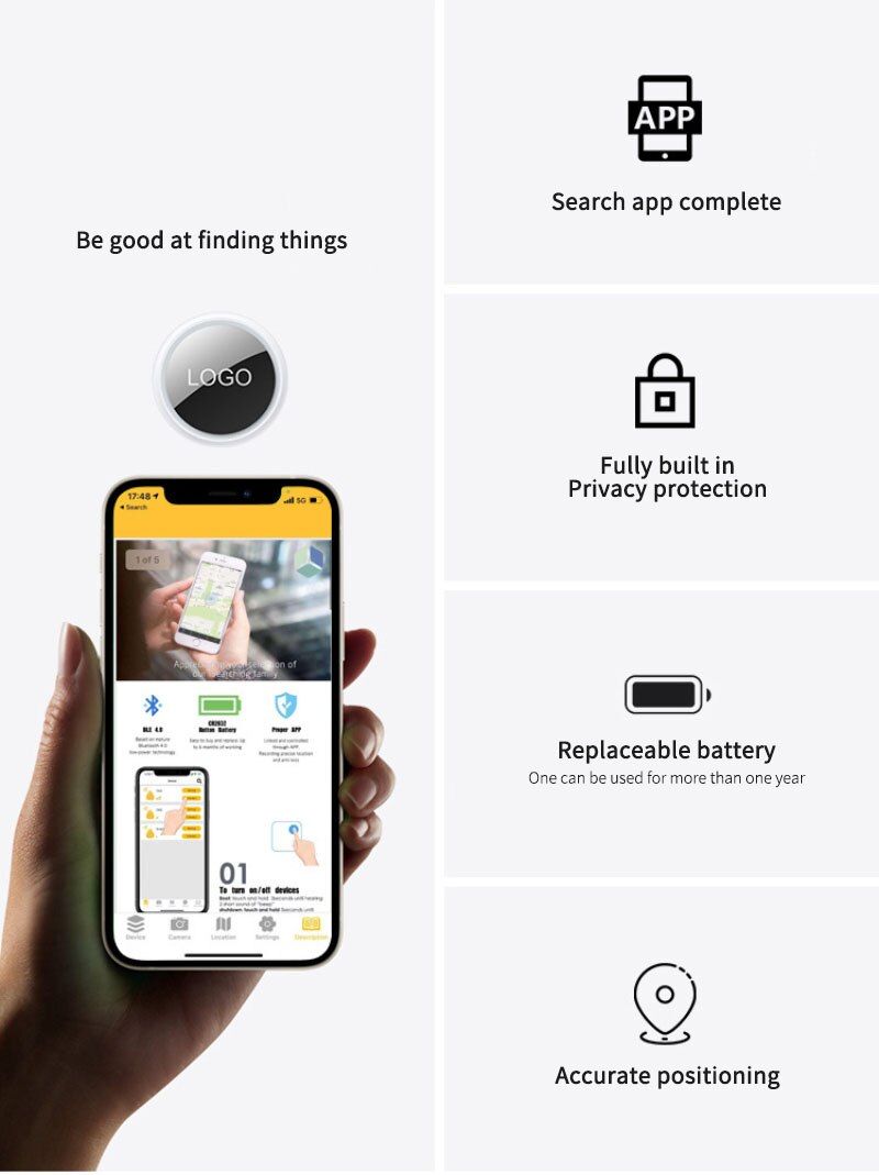 Rastreador GPS Mini Bluetooth 4.0 Localizador Inteligente Dispositivo Antipérdida Ligero para Llaves, Mascotas, Niños - Ubicación en Tiempo Real