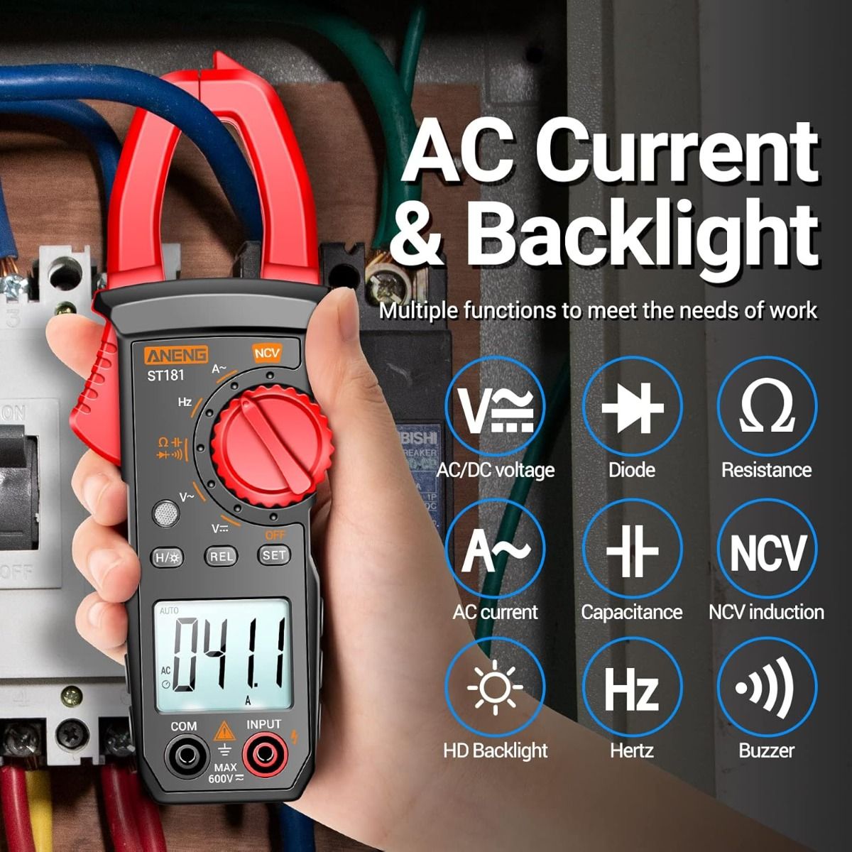 ANENG ST180 Multímetro Pinza Amperimétrica Digital 4000 Cuentas con NCV Amp Ohm Volt Mide Corriente CA, Voltaje CA/CC, Capacitancia, Resistencia, Diodos, Continuidad, Frecuencia, Retroiluminación Herramientas para Electricistas