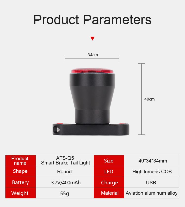 ANTUSI Q5 Luz Trasera Inteligente para Bicicleta con Sensor de Frenado, Luz LED para Ciclismo, Impermeable IPx6, Perfecta para Desplazamientos Urbanos