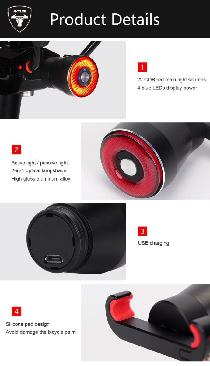 ANTUSI Q5 Luz Trasera Inteligente para Bicicleta con Sensor de Frenado, Luz LED para Ciclismo, Impermeable IPx6, Perfecta para Desplazamientos Urbanos