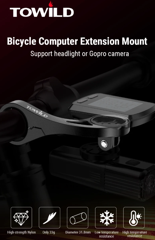 TOWILD AS90 Extensor Manillar Bici - Soporte Faro, GPS Garmin/Scosche. Robusto, Ligero y Fácil Instalación