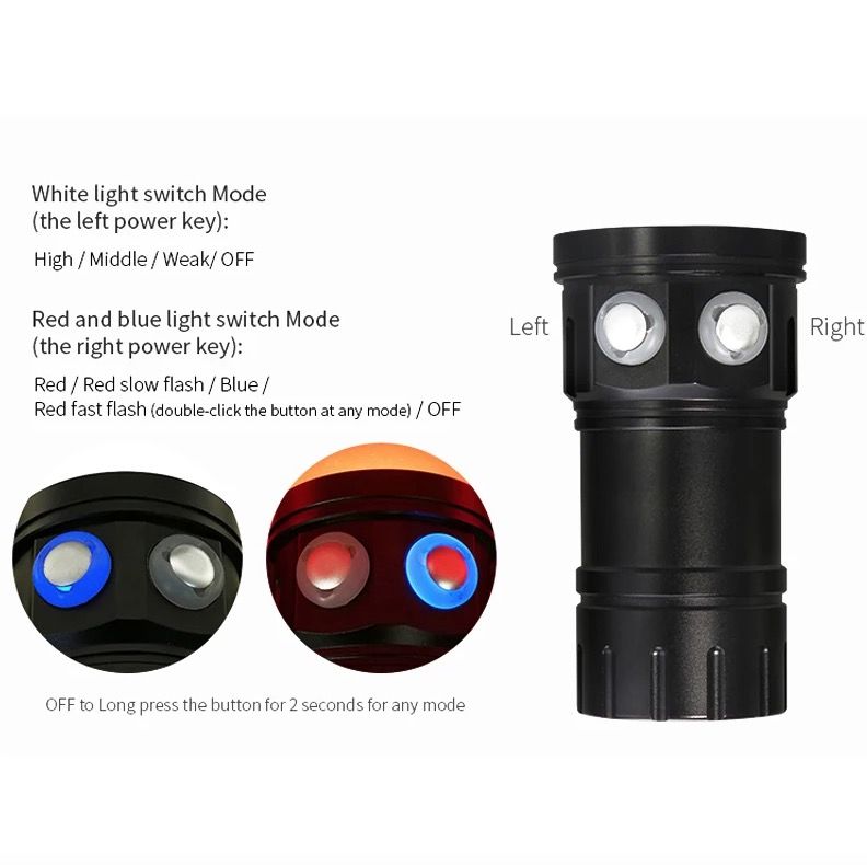 Linterna de buceo LED B11 Rojo Azul Blanco Luz de fotografía subacuática 80M Faro de buceo para exploración marina