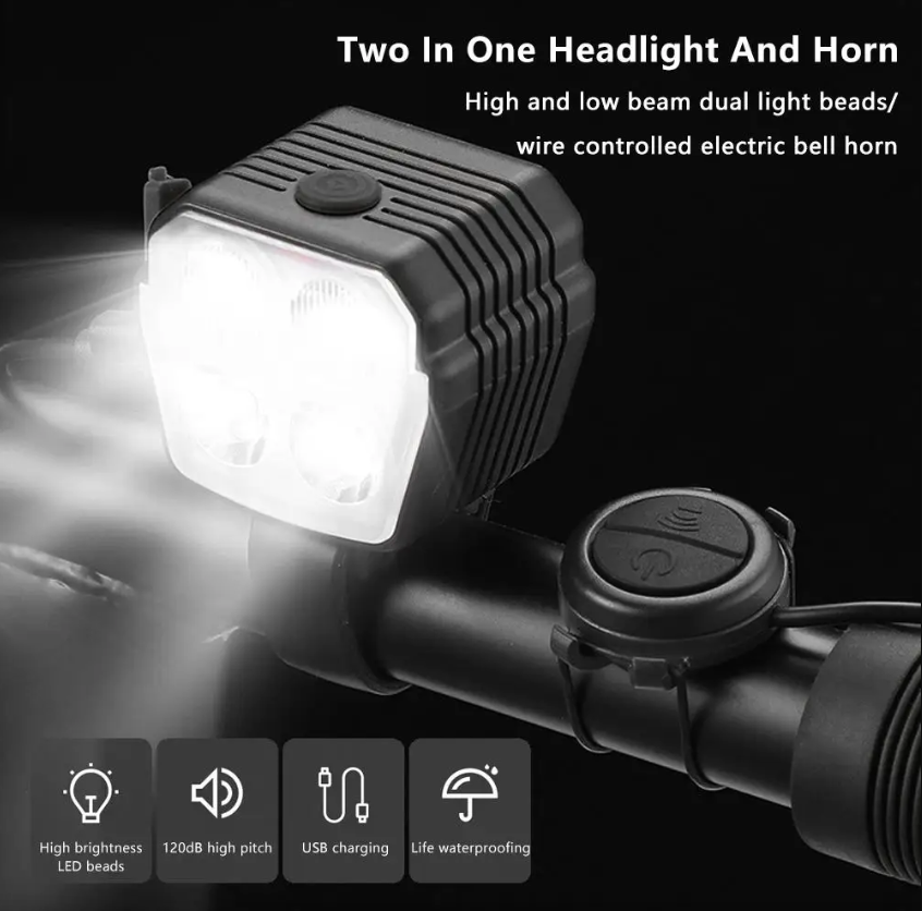 Bocina y Faro para Bicicleta 2 en 1 Luces Cerca y Lejos para Bici MTB 2/4 Lámparas Control por Cable con Cuentas Accesorios de Bicicleta