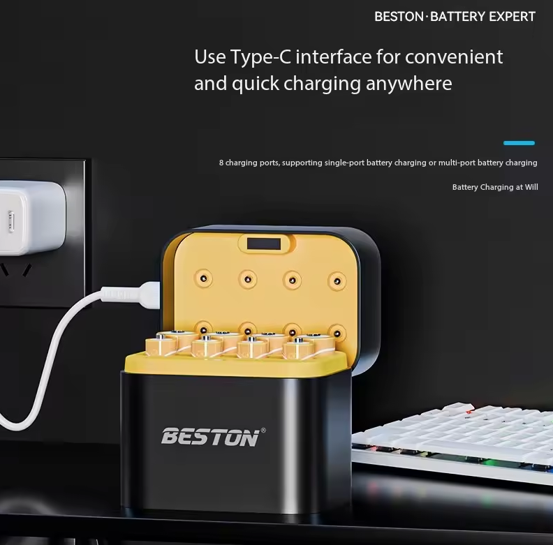 Beston Cargador Inteligente 8 Ranuras para Pilas AA 1.5V Li-ion 3600mWh Recargables. ¡Carga Rápida!