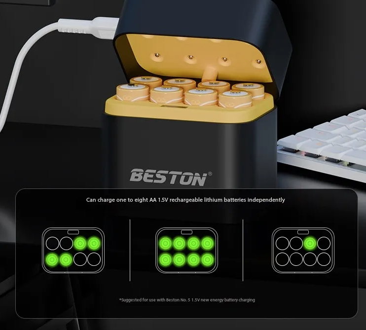 Beston Cargador Inteligente 8 Ranuras para Pilas AA 1.5V Li-ion 3600mWh Recargables. ¡Carga Rápida!