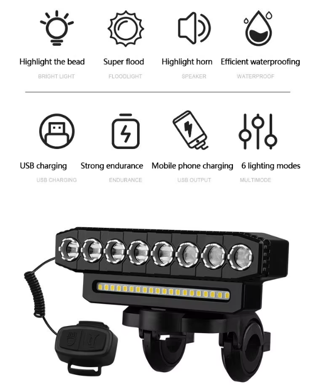 Luz delantera de bicicleta recargable por USB con bocina de ciclismo de 120 dB, diseño impermeable para ciclistas urbanos