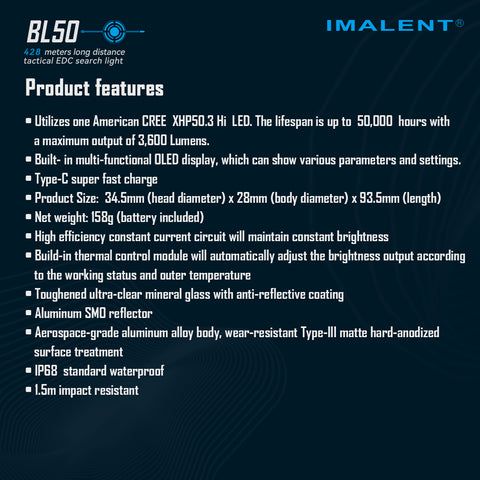 IMALENT BL50 3600 lúmenes Linterna EDC compacta recargable por USB-C con pantalla OLED para aventuras al aire libre