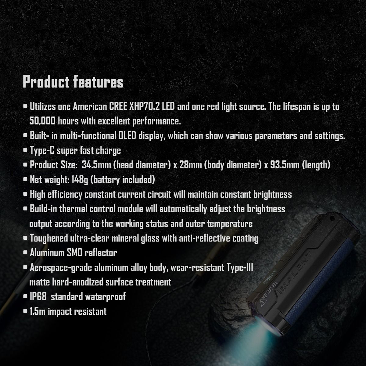 IMALENT BL70 Linterna LED EDC 6000 Lúmenes, USB-C Recargable, Pantalla OLED, Iluminación Portátil para Aventura.