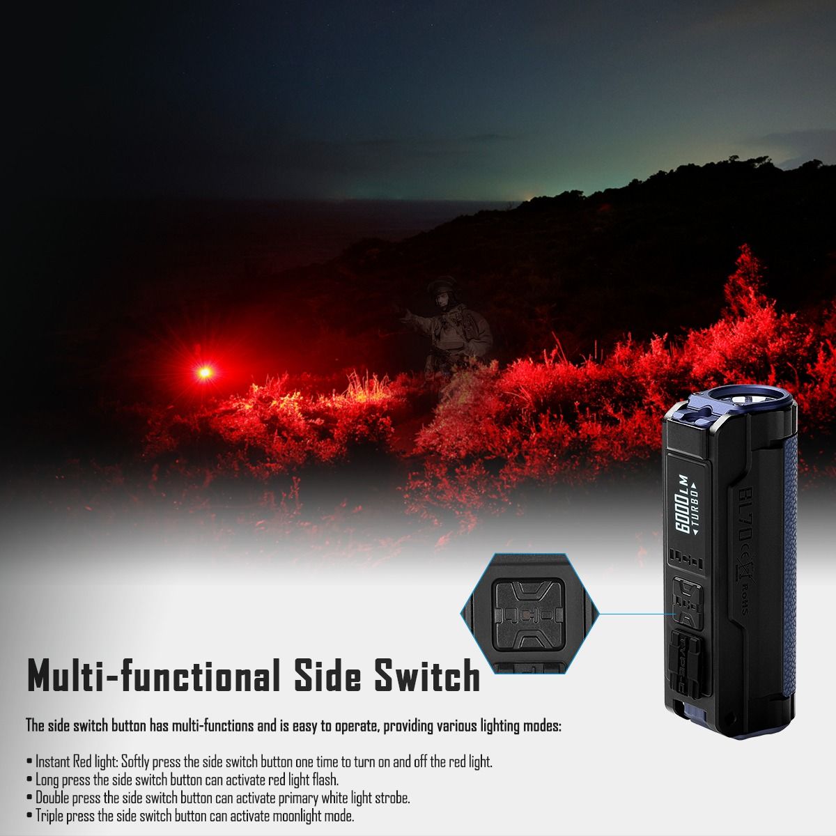 IMALENT BL70 Linterna LED EDC 6000 Lúmenes, USB-C Recargable, Pantalla OLED, Iluminación Portátil para Aventura.