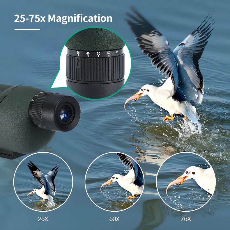 25-75x60 Zoom Spotting Scope con Lente ED, Monocular Potente con Prisma Bak4, Telescopio para Camping al Aire Libre y Observación de Aves