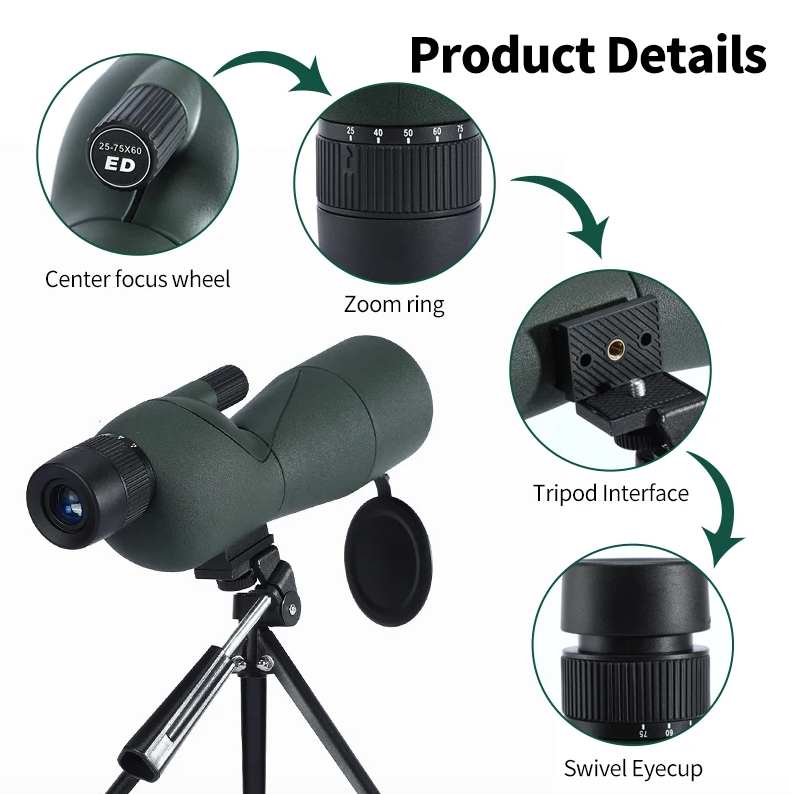 25-75x60 Zoom Spotting Scope con Lente ED, Monocular Potente con Prisma Bak4, Telescopio para Camping al Aire Libre y Observación de Aves