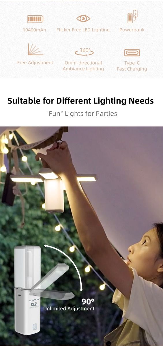 Klarus CL2 750 Lumen Lámpara de Camping de Plegado Libre Portátil, Versátil y Cuidadosa con los Ojos con 7 Modos de Luz