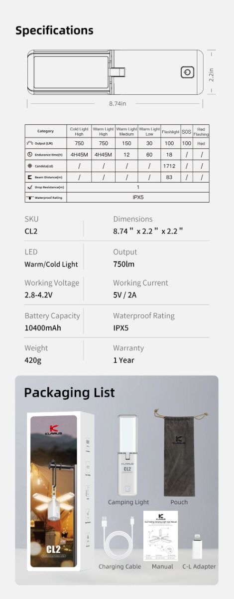 Klarus CL2 750 Lumen Lámpara de Camping de Plegado Libre Portátil, Versátil y Cuidadosa con los Ojos con 7 Modos de Luz