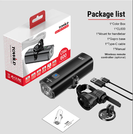 TOWILD CL600 Luz para bicicleta recargable por USB, faro delantero con alto brillo de lúmenes, diseño resistente al agua, 2000mAh