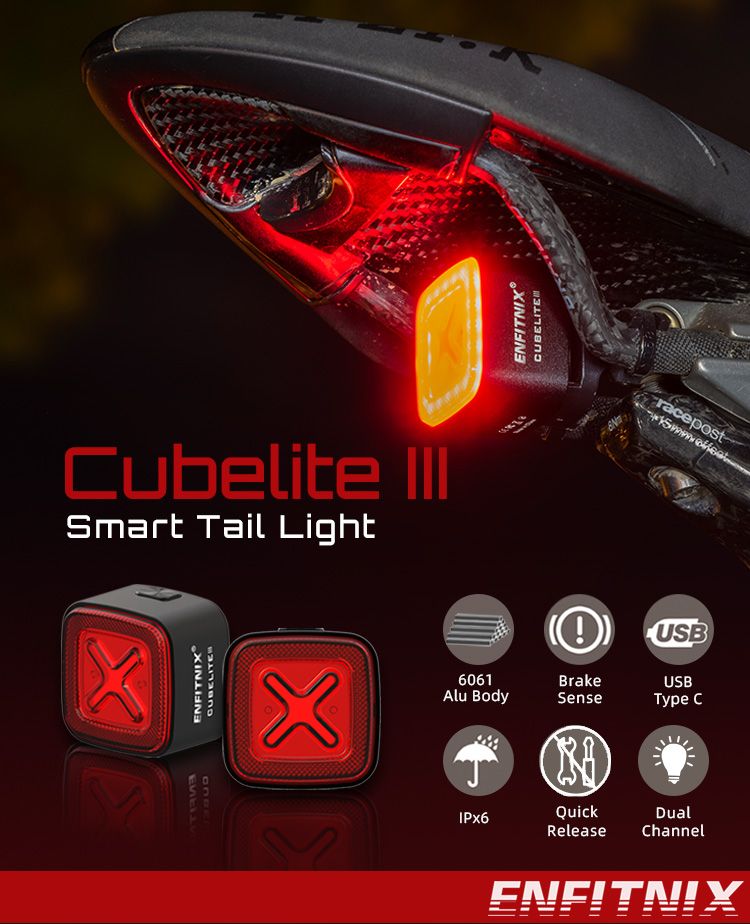 Enfitnix Cubelite III Luz Trasera Inteligente Ultra Brillante Recargable por USB Seguridad para Ciclismo 30 Lúmenes