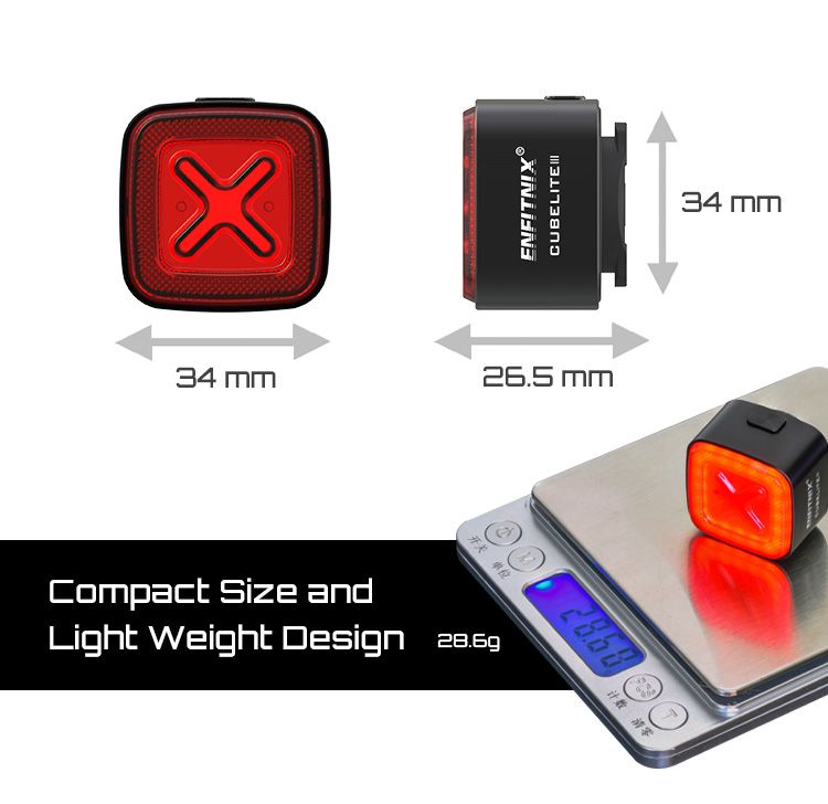 Enfitnix Cubelite III Luz Trasera Inteligente Ultra Brillante Recargable por USB Seguridad para Ciclismo 30 Lúmenes
