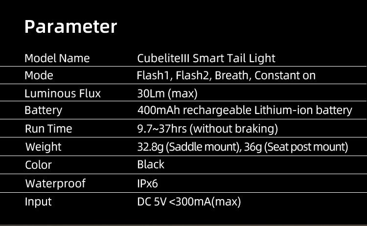 Enfitnix Cubelite III Luz Trasera Inteligente Ultra Brillante Recargable por USB Seguridad para Ciclismo 30 Lúmenes