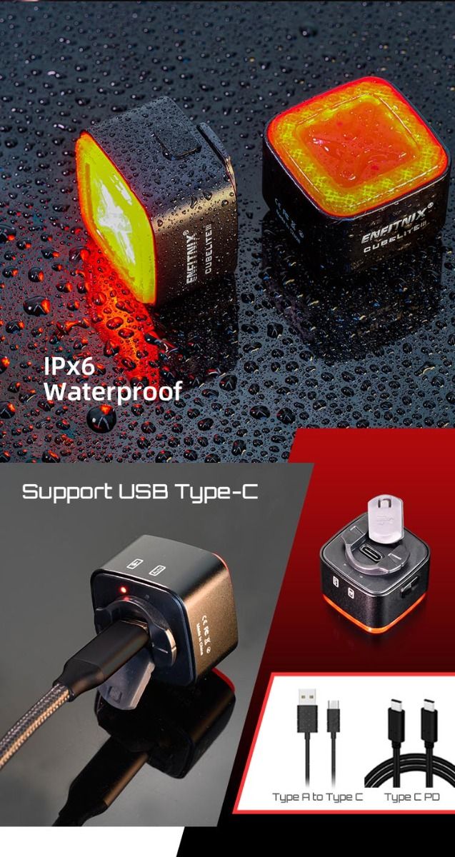 Enfitnix Cubelite III Luz Trasera Inteligente Ultra Brillante Recargable por USB Seguridad para Ciclismo 30 Lúmenes