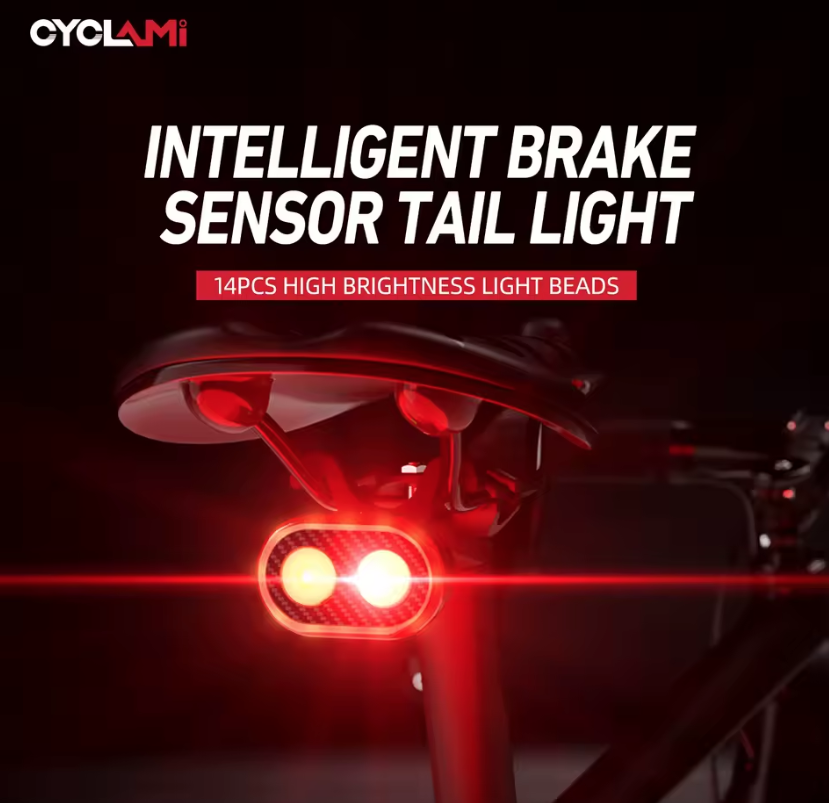 CYCLAMI CY200 Luz trasera LED inteligente con detección de frenado para bicicleta, para paseos nocturnos seguros y ciclismo urbano.