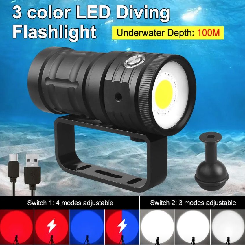 Linterna de buceo D10 luz COB superbrillante 100m impermeable IPX8 de aluminio grado aeronáutico