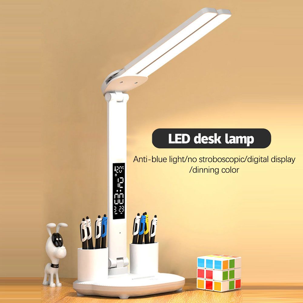 Lámpara de escritorio LED con portalápices, calendario incorporado, brillo ajustable y protección ocular para hogar y oficina