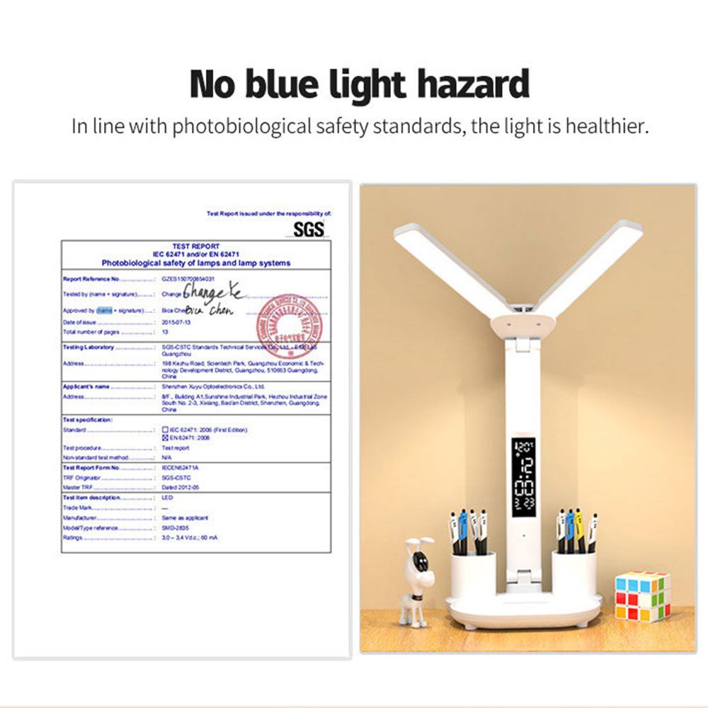 Lámpara de escritorio LED con portalápices, calendario incorporado, brillo ajustable y protección ocular para hogar y oficina