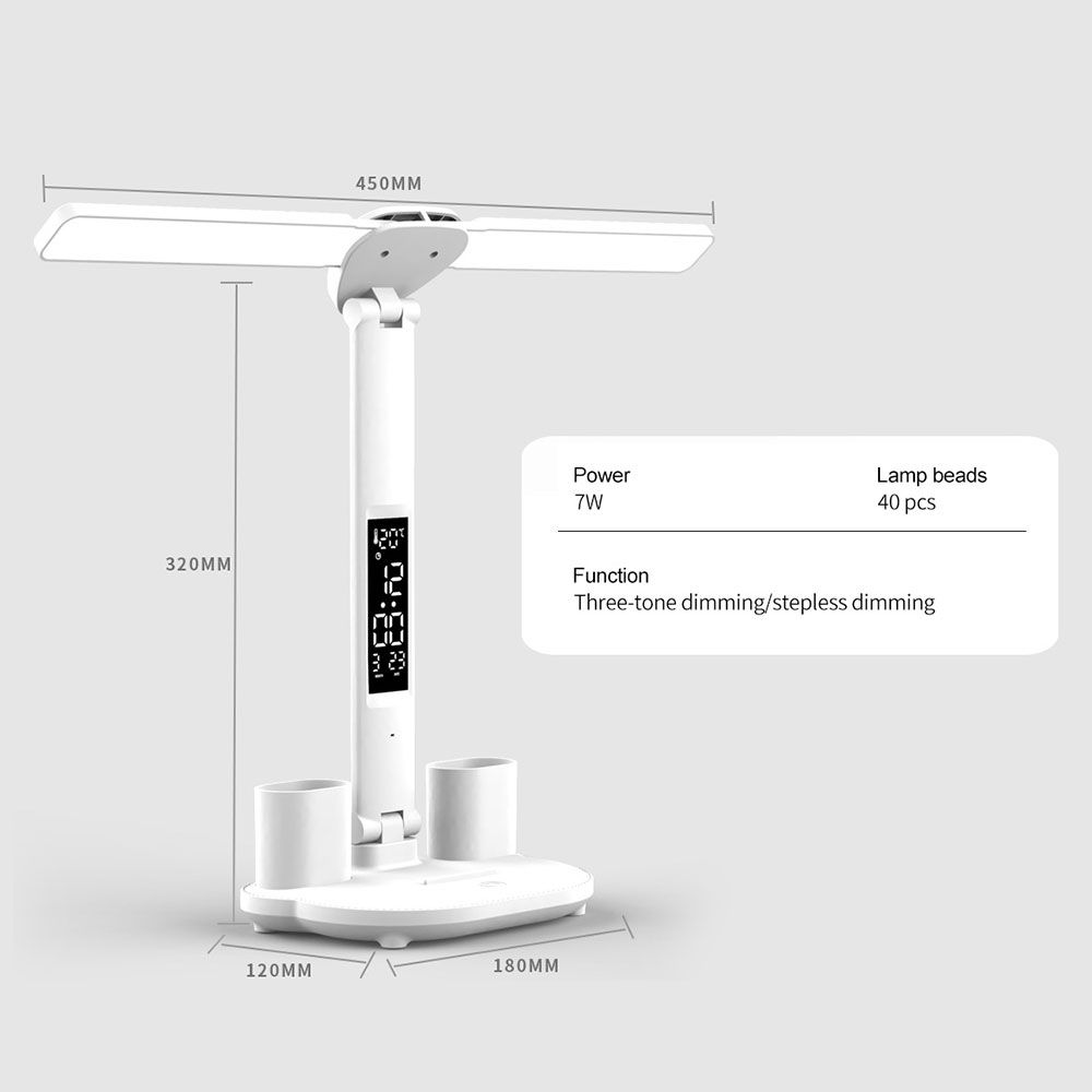 Lámpara de escritorio LED con portalápices, calendario incorporado, brillo ajustable y protección ocular para hogar y oficina