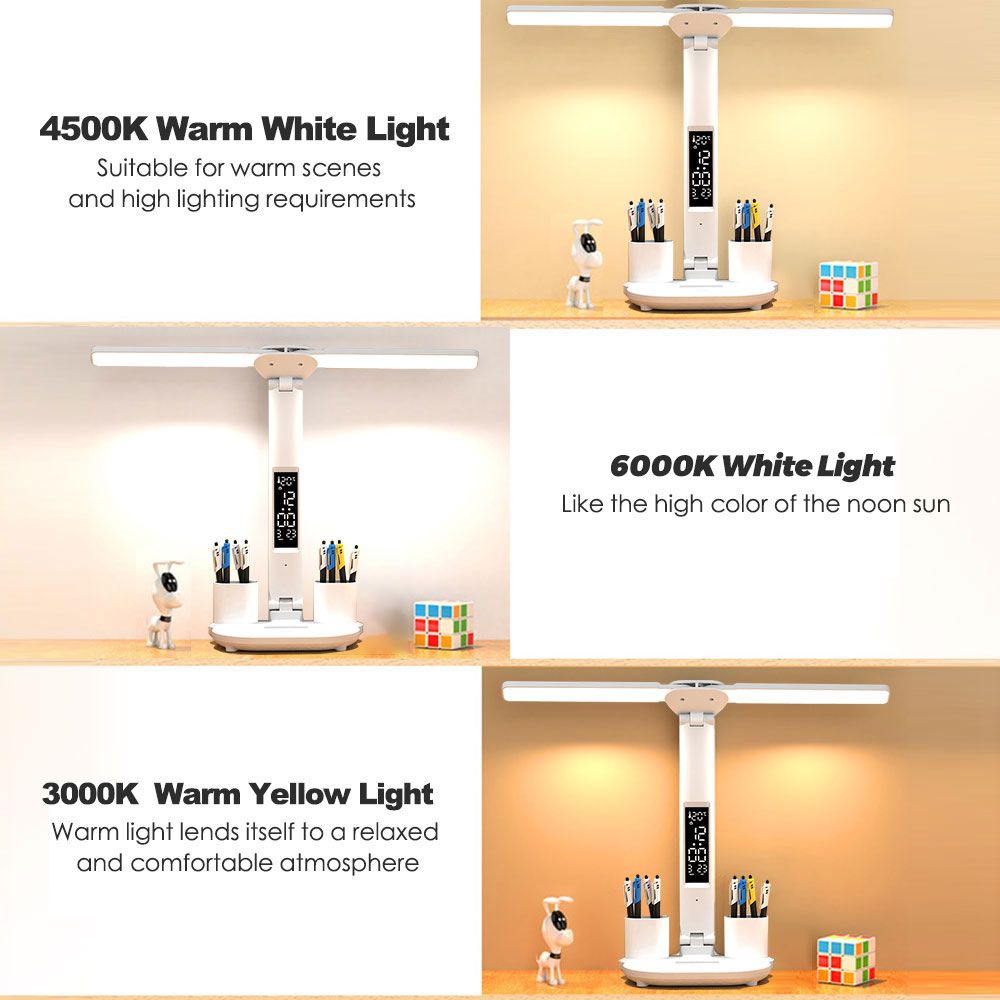 Lámpara de escritorio LED con portalápices, calendario incorporado, brillo ajustable y protección ocular para hogar y oficina
