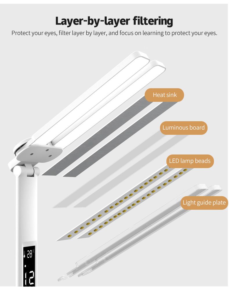 Lámpara de escritorio LED con portalápices, calendario incorporado, brillo ajustable y protección ocular para hogar y oficina