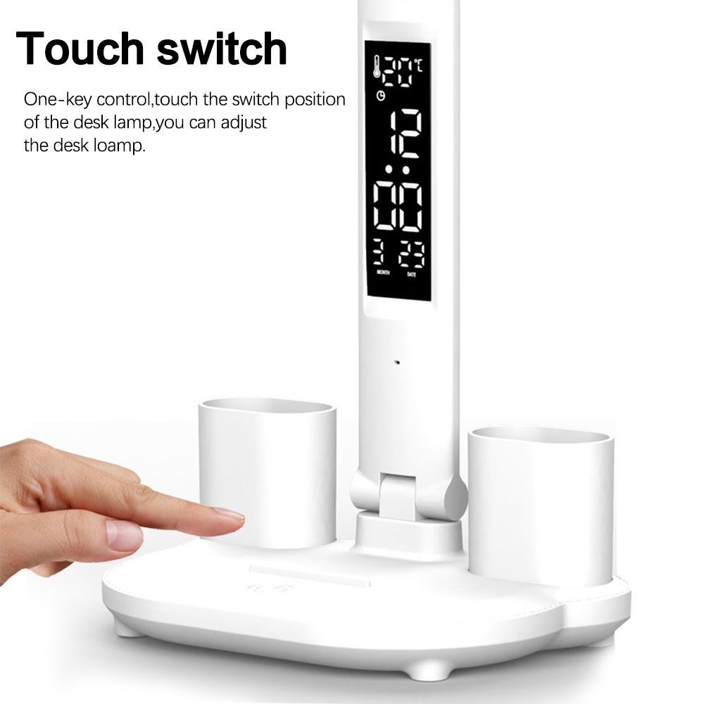 Lámpara de escritorio LED con portalápices, calendario incorporado, brillo ajustable y protección ocular para hogar y oficina