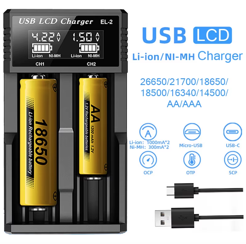 Cargador Inteligente de Batería LCD USB con pantalla LCD de carga para baterías 18650 de litio y Ni-MH AA AAA