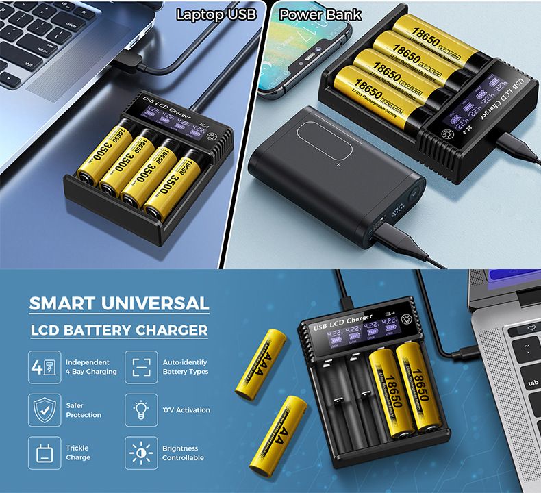 Cargador Inteligente de Batería LCD USB con pantalla LCD de carga para baterías 18650 de litio y Ni-MH AA AAA