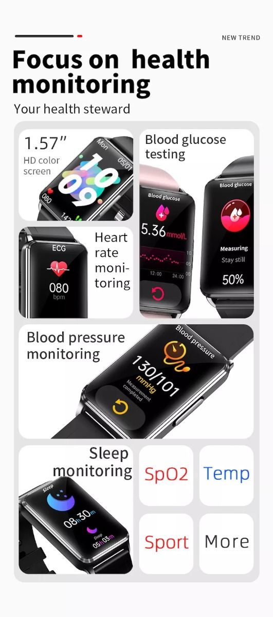 EP02 Reloj Inteligente de Glucosa en Sangre con ECG, HRV, Frecuencia Cardíaca, Temperatura, Pantalla HD de 1.57 Pulgadas, Resistente al Agua, Pulsera Inteligente y Monitor de Actividad Física