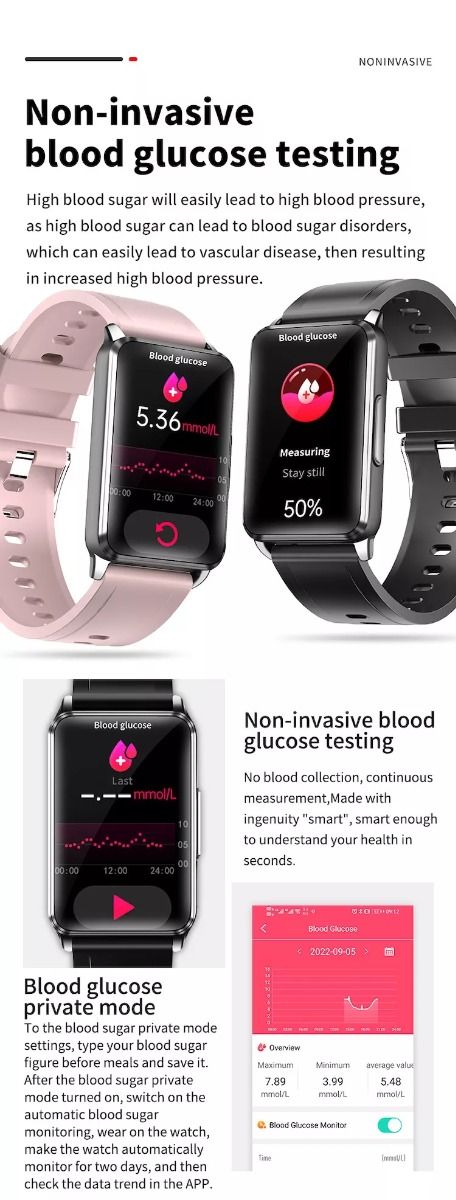 EP02 Reloj Inteligente de Glucosa en Sangre con ECG, HRV, Frecuencia Cardíaca, Temperatura, Pantalla HD de 1.57 Pulgadas, Resistente al Agua, Pulsera Inteligente y Monitor de Actividad Física