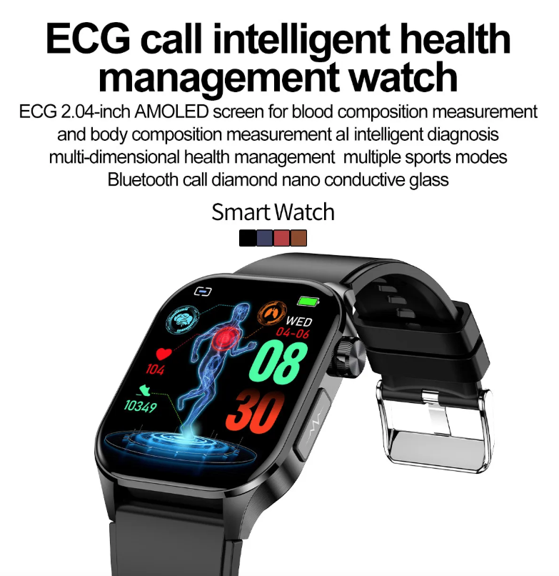 E580 Reloj Inteligente de Glucosa en Sangre, ECG, Frecuencia Cardíaca, Presión Arterial, Impermeable IP68