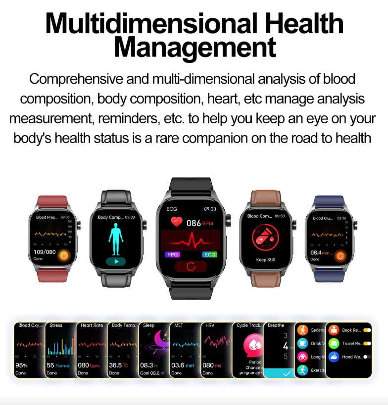 E580 Reloj Inteligente de Glucosa en Sangre, ECG, Frecuencia Cardíaca, Presión Arterial, Impermeable IP68