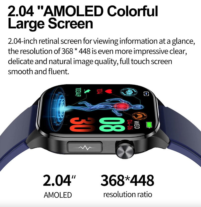 E580 Reloj Inteligente de Glucosa en Sangre, ECG, Frecuencia Cardíaca, Presión Arterial, Impermeable IP68