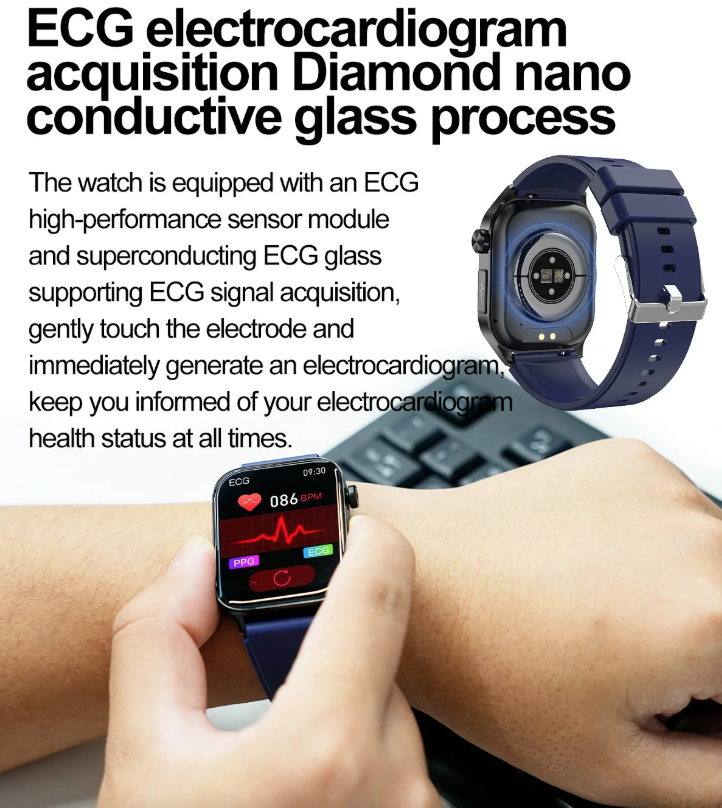 E580 Reloj Inteligente de Glucosa en Sangre, ECG, Frecuencia Cardíaca, Presión Arterial, Impermeable IP68