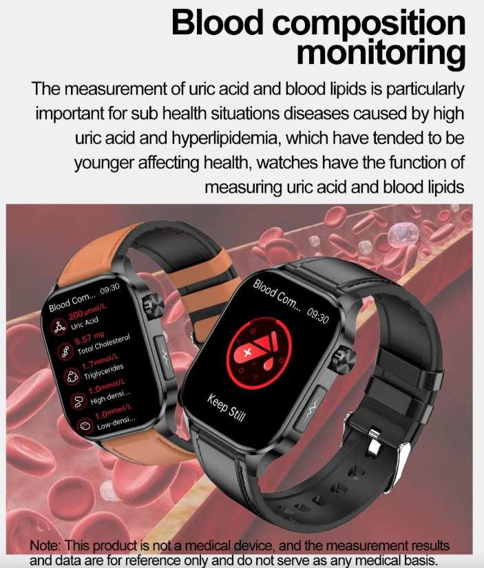 E580 Reloj Inteligente de Glucosa en Sangre, ECG, Frecuencia Cardíaca, Presión Arterial, Impermeable IP68
