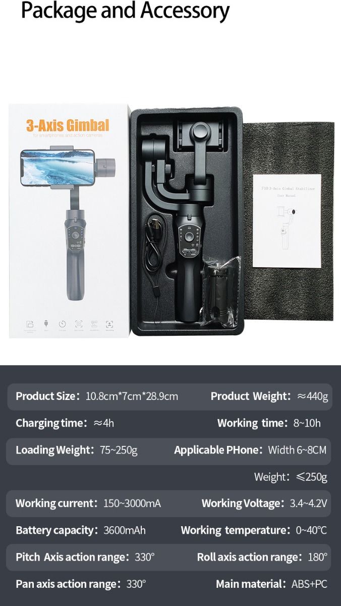 Estabilizador F10 Pro cardán de 3 ejes estabilización de video para smartphone Android iPhone videografía móvil