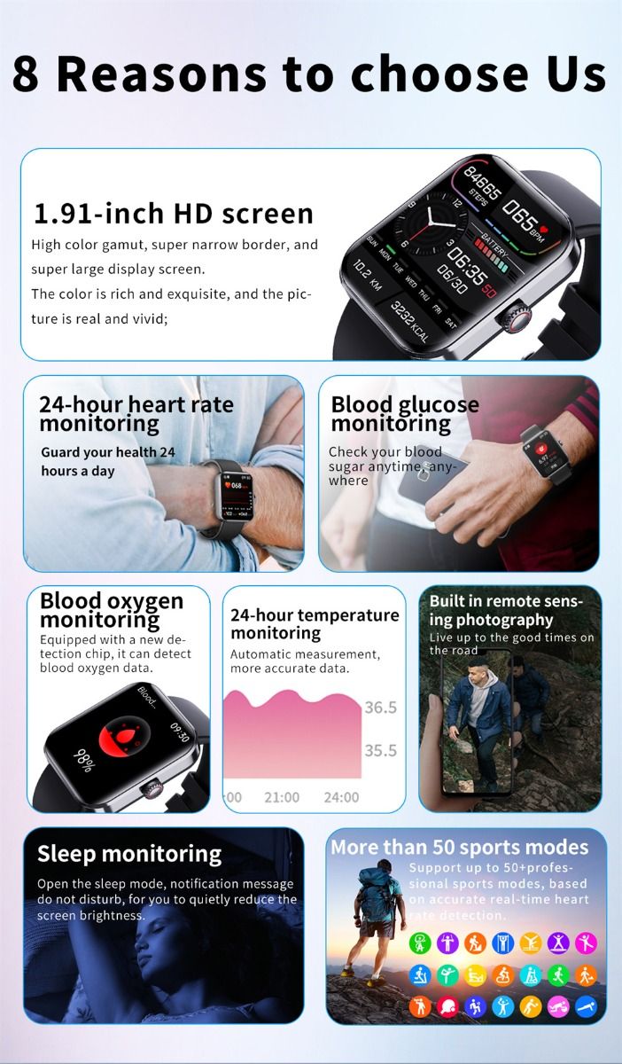F57L Reloj Inteligente Glucosa en Sangre Presión Arterial Frecuencia Cardíaca Monitoreo de Temperatura Monitoreo Deportivo 1.91 Pulgadas Sn