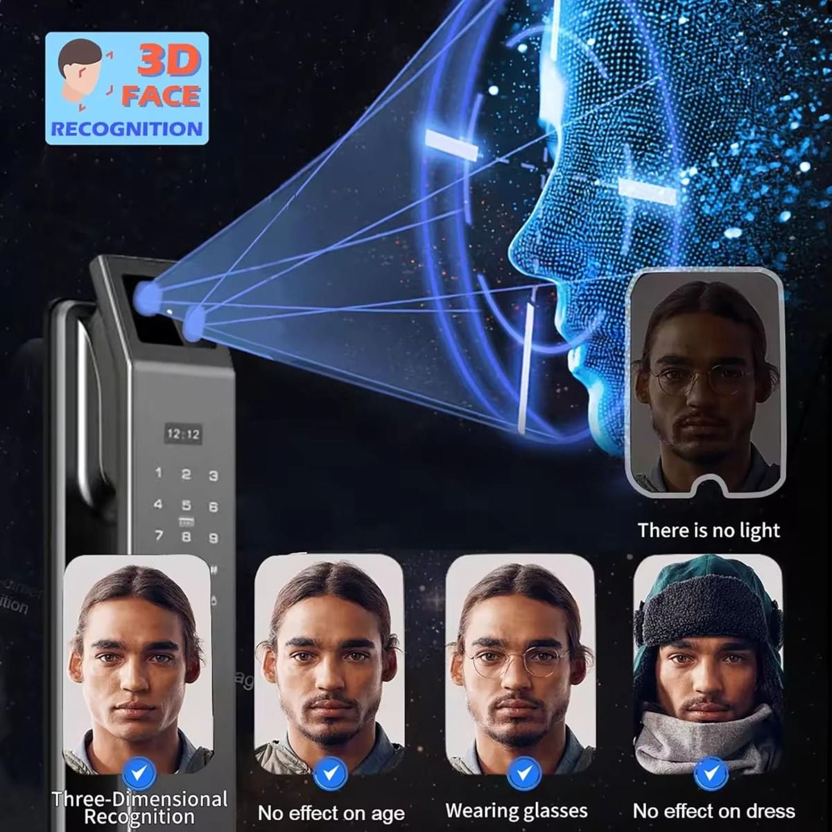 Cerradura electrónica digital con reconocimiento facial 3D, cámara, huella dactilar y contraseña, sin llave