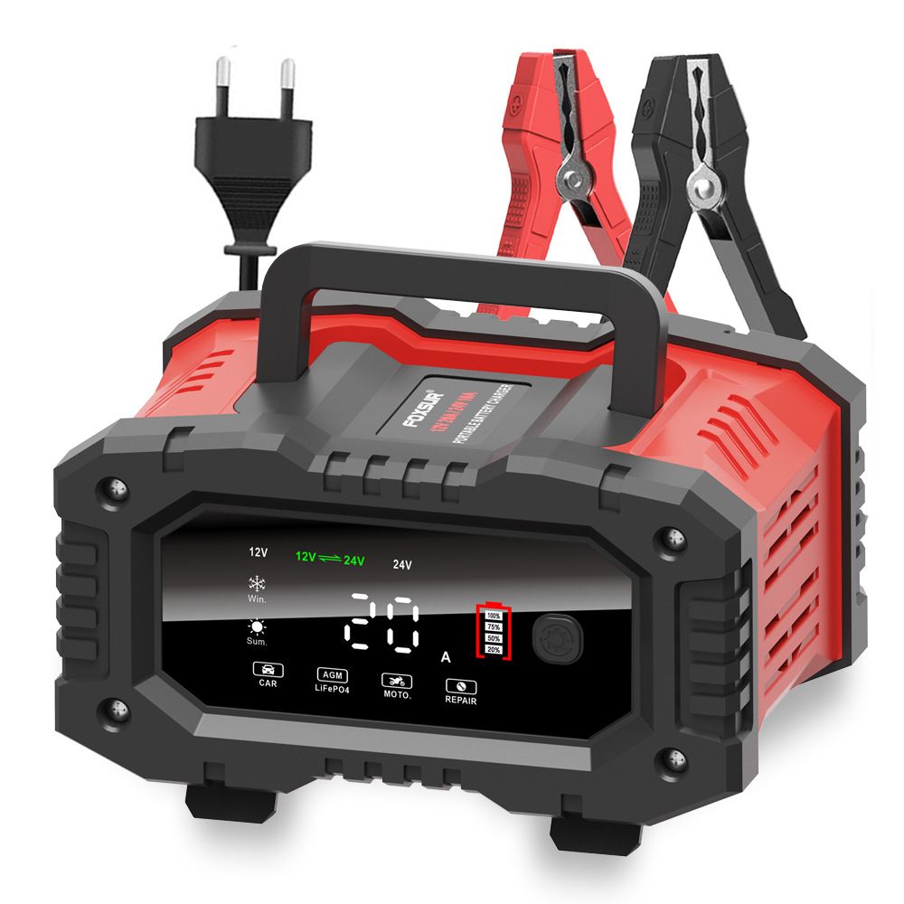 FOXSUR 20A Cargador Portátil de Batería de Coche 12V 24V para Moto, Camión, Baterías AGM, LiFePO4, Plomo-Ácido - Mantenimiento