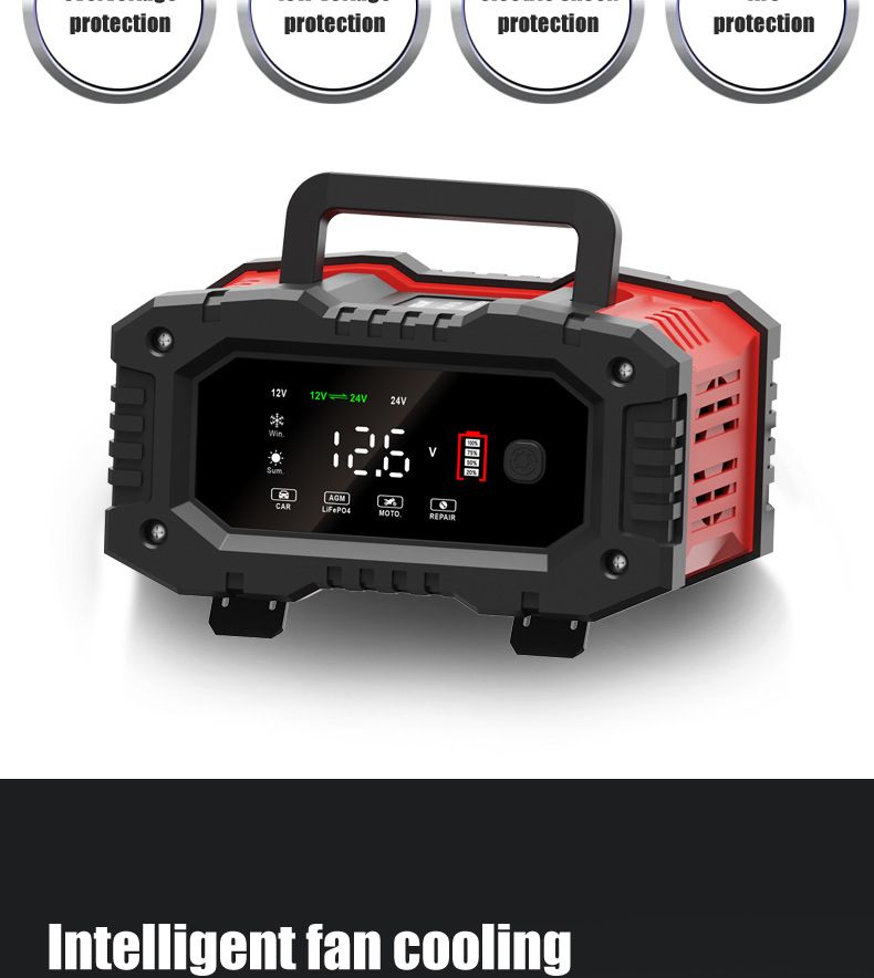 FOXSUR 20A Cargador Portátil de Batería de Coche 12V 24V para Moto, Camión, Baterías AGM, LiFePO4, Plomo-Ácido - Mantenimiento