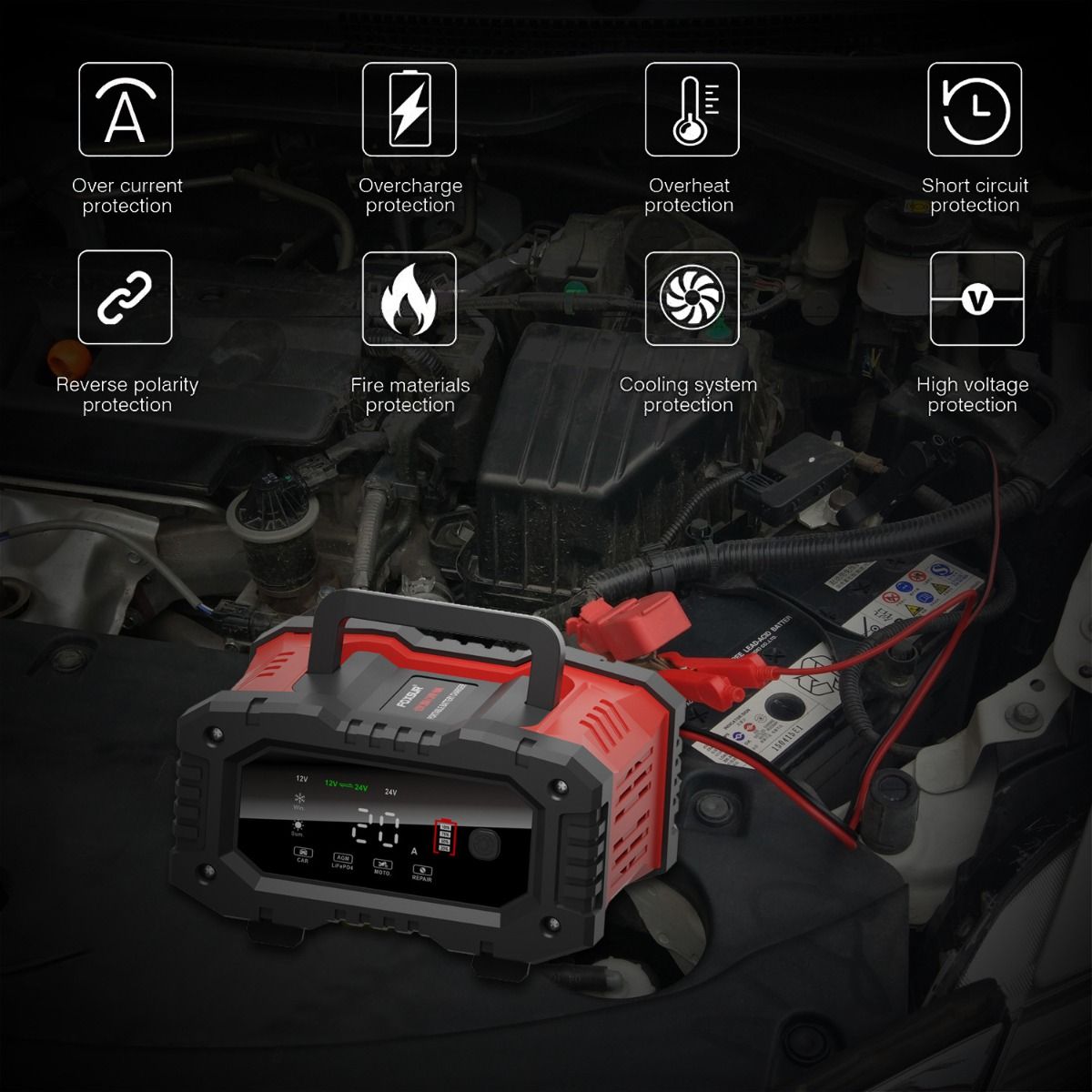 FOXSUR 20A Cargador Portátil de Batería de Coche 12V 24V para Moto, Camión, Baterías AGM, LiFePO4, Plomo-Ácido - Mantenimiento